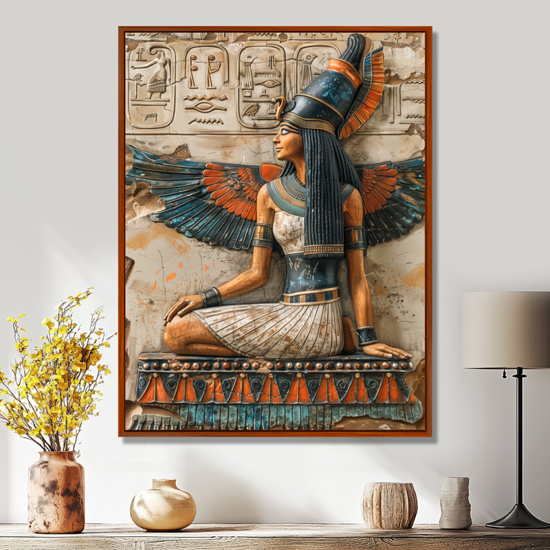 Bleu et beige déesse égyptienne IV - Égypte, salon d'art mural, Toile avec cadre flottant brun, H 40 po x l 30 po x P 1,5 po
