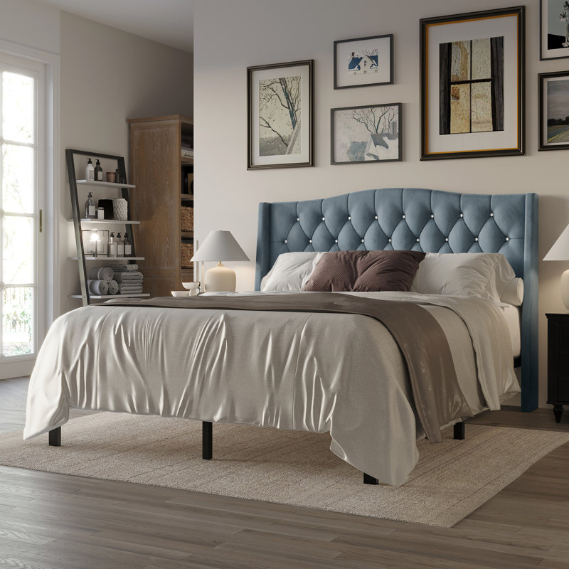 Dwayn Upholstered Wingback Bed, Baby Blue, Queen
