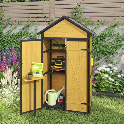 Remise à outils de 69 pouces de hauteur, toit imperméable, table pliable, remise extérieure avec crochets de rangement supplémentaires avec établi, tablettes amovibles pour le jardin