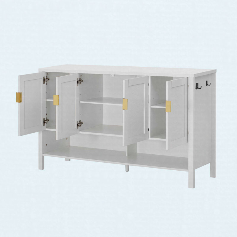Buffet de rangement 55,1 ", armoire moderne 4 portes avec tablette ouverte et tablettes réglables, Blanc
