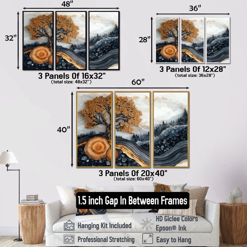 Automne cerisier en fleurs dans un bois I - art mural cerisier en fleurs - ensemble de 3, H 28 po x l 36 po, Blanc