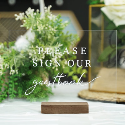 Set Of 3 Wedding Reception, Ceremony, Party, Table Decoration Signs With Holder | Favors Please Take One | Please Sign Our Guestbook | Cards And Gifts (Clear, Walnut)
