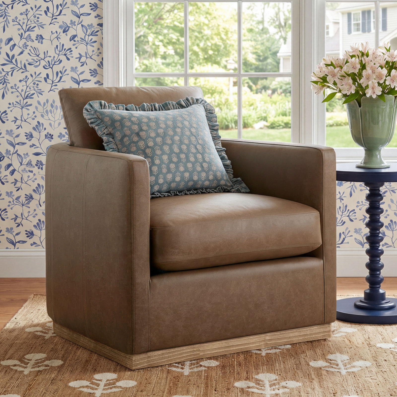 Bobbi Genuine Leather Swivel Barrel Chair, Marseille Saddle Top Grain Leather