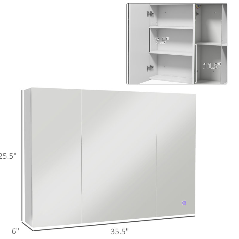 Armoire de salle de bain avec lumières et miroir - 26 po x 36 po, blanche, murale, tablette réglable, rangement H 25,5 po x l 35,5 po x P 6 po