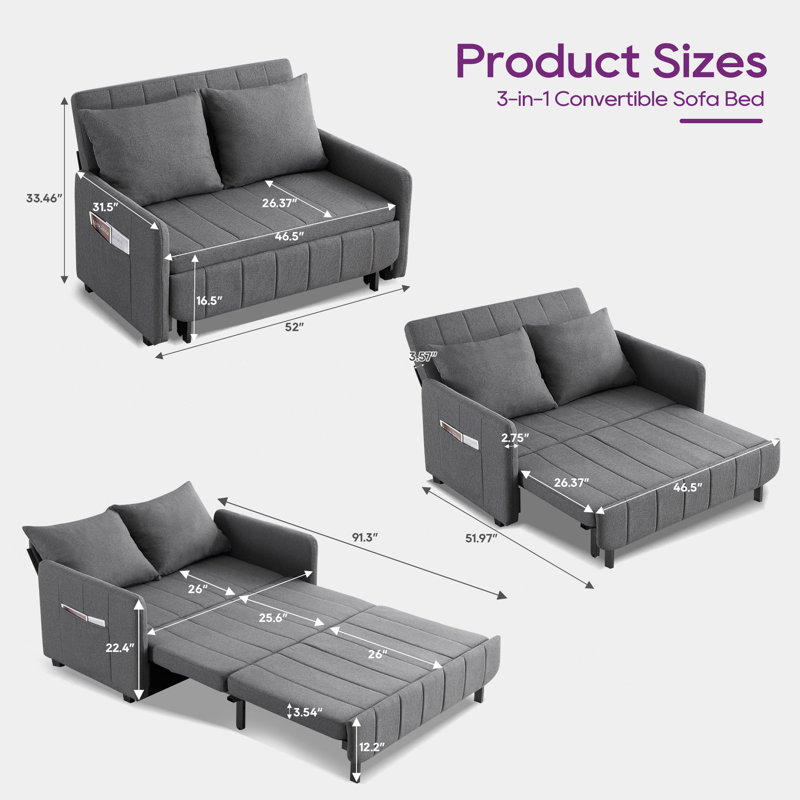 Extra-long 3-in-1 Pull-out Sofa Bed With Usb Charging & Adjustable Back – Convertible Sleeper For Small Spaces,, Gray