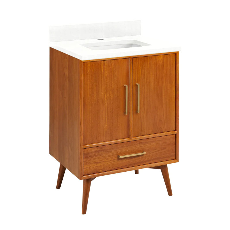 Ensemble de meuble-lavabo simple 24 po avec lavabo encastré rectangulaire Novak, Teck naturel, Monotrou, Quartz blanc plume