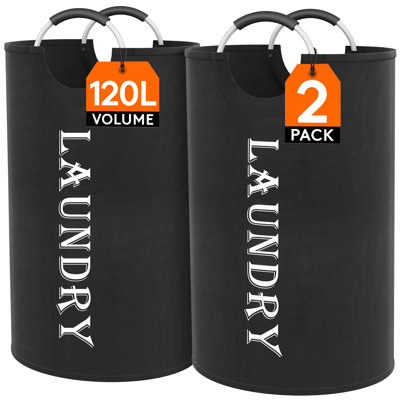 2-pack Large Laundry Basket, Collapsible Laundry Hamper With Aluminum Handles, Waterproof Freestanding Dirty Clothes Hampers For Laundry Room Bedroom Dorm Bathroom, Black