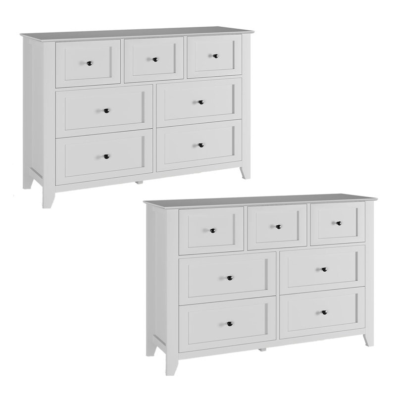 White Painted 7-Drawer Dresser, 2-Piece Large Size Storage Cabinet with Smooth Slides and Inclined Base Design