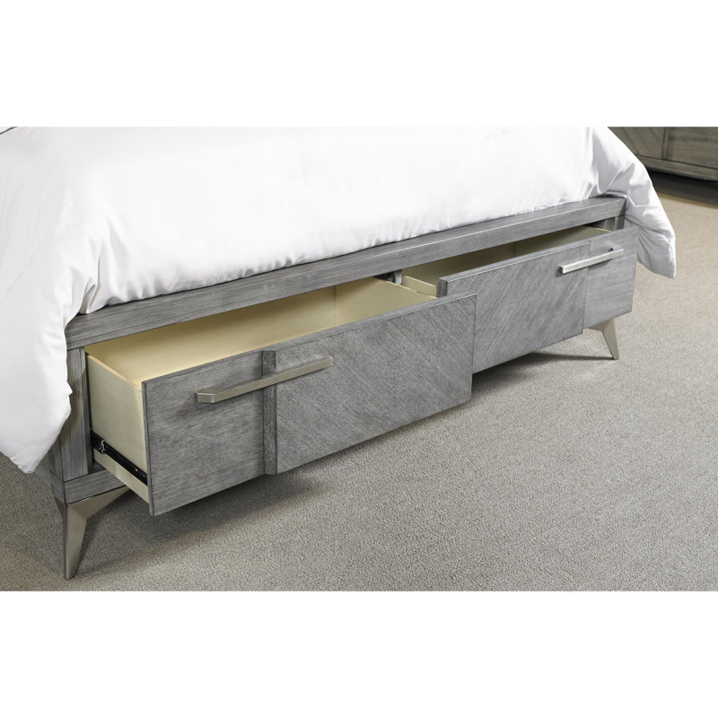 Lit de rangement en placage gris avec 2 fentes, tête de lit éclairée, accents métalliques, bois massif + placage et garniture assortis - 62,66 po Large surface de couchage