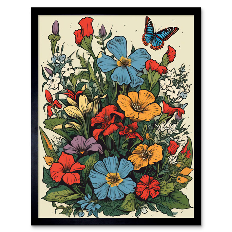 Ventanas Wildflower Meadow Colourful Tattoo Ink Body Art Rockabilly Americana 50s 1 Piece Single Picture Frame Wall Art
