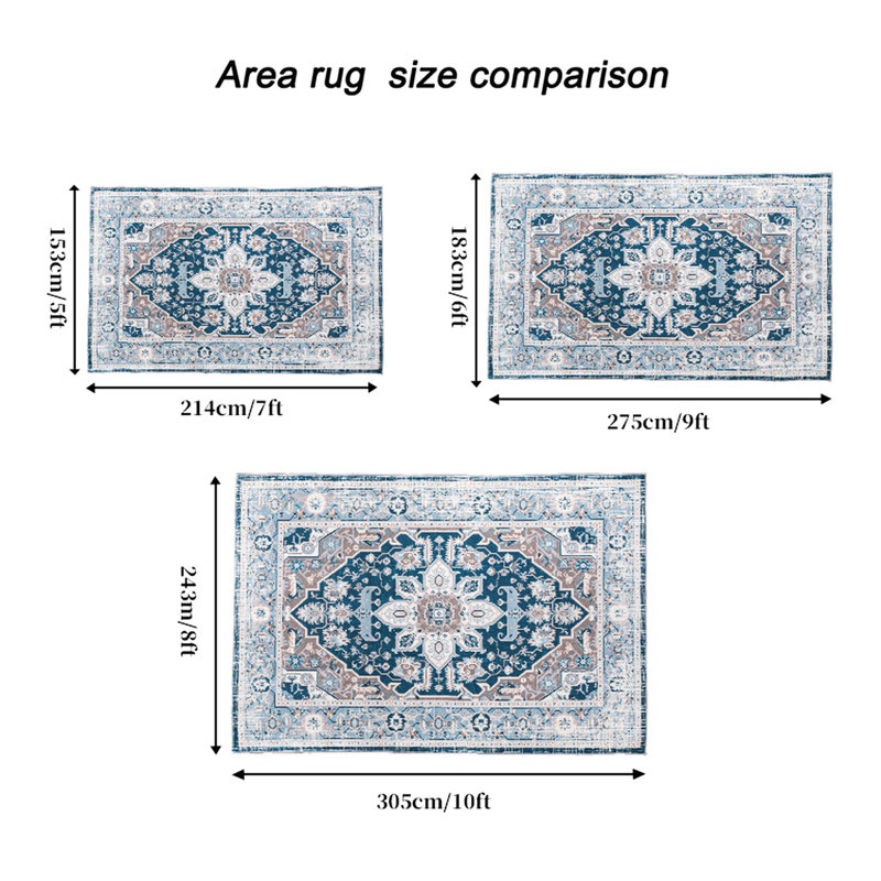 Washable Blue Area Rug 5x7, Vintage Non-slip For Bedroom Living Room Kitchen, Floral Element 5x7 Rug, Detail
