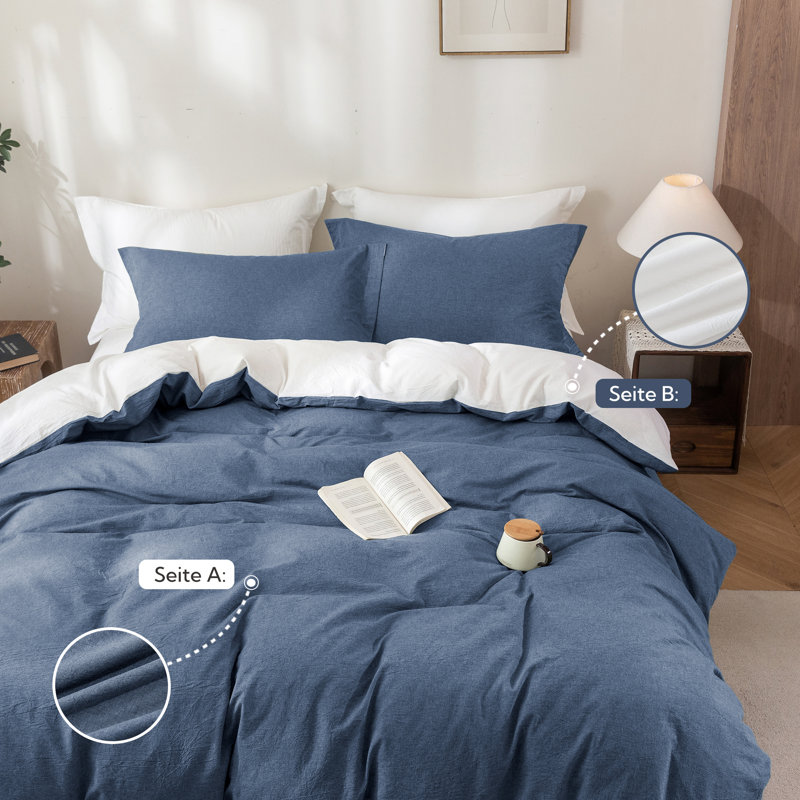 Solayne 100% Washed Cotton Duvet Cover Set with Faux Hemp Texture, Solid Color, Zipper Closure and Corner Ties, Navy
