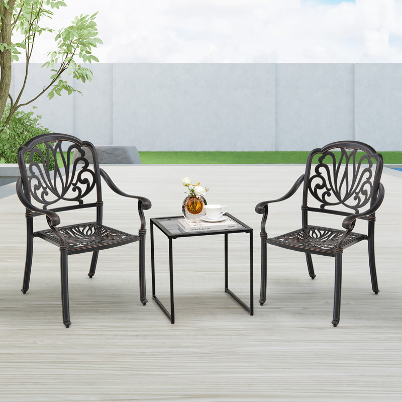Astoria Grand 2pcs Patio Cast Aluminum Dining Chairs Armrests Outdoor Stackable Bronze