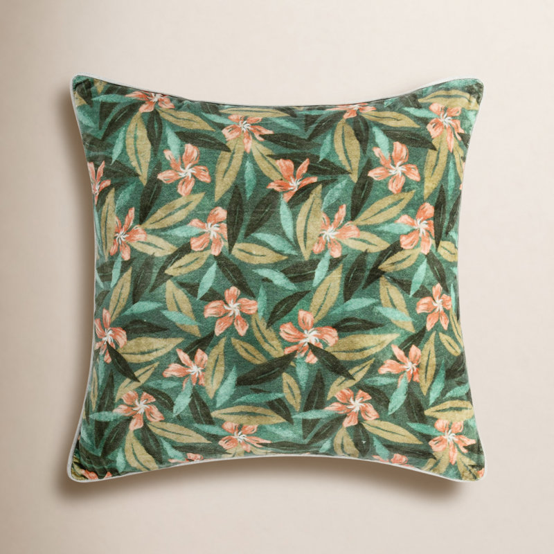 Lamia 22" Cotton Velvet Fabric Botanical Clay Throw Pillow, Green