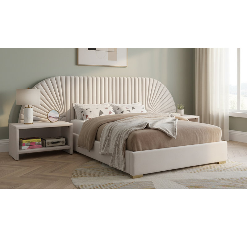 Upholstered Panel Bed, King, Cream Velvet