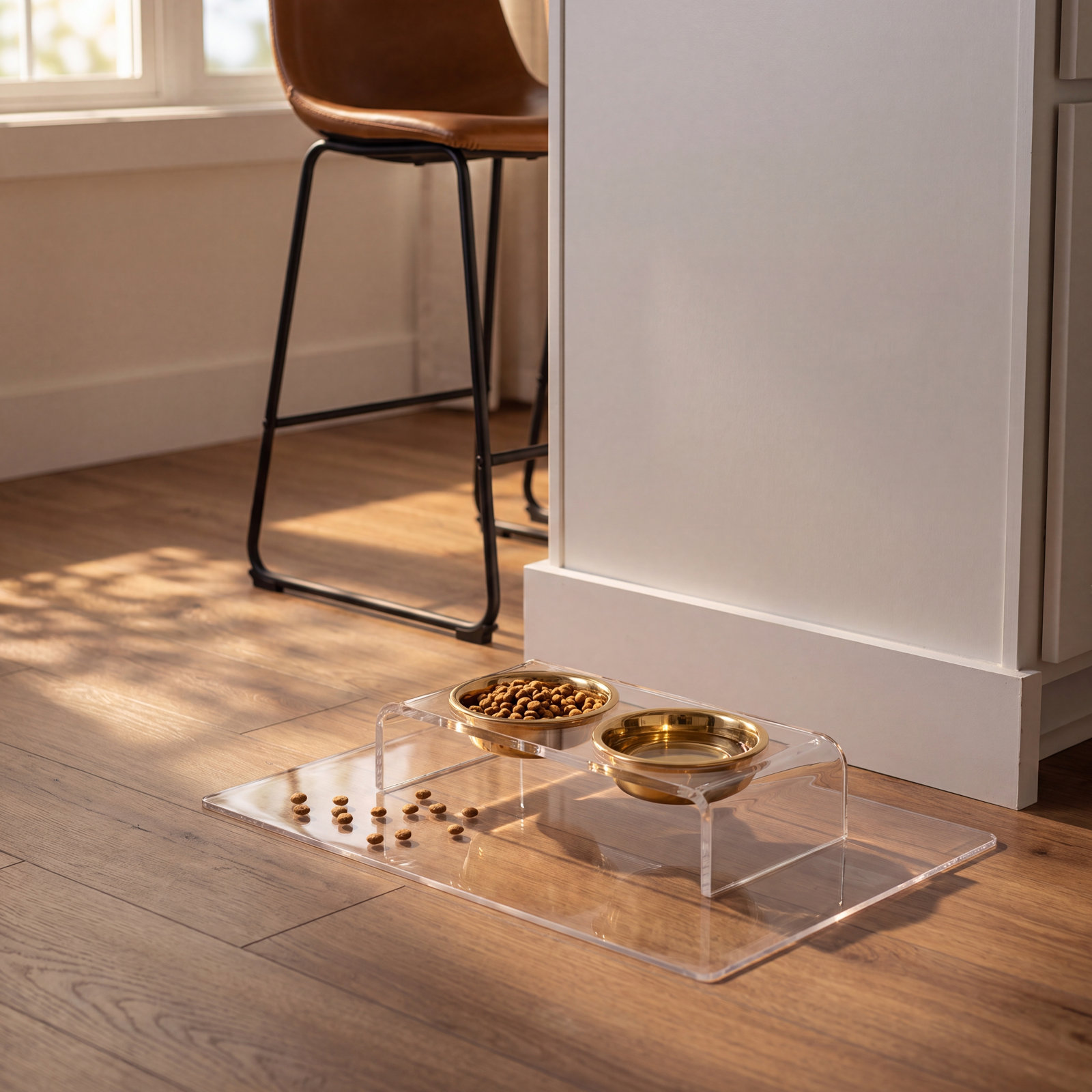 Small Clear Elevated Feeder with Gold Bowls, 3.5 cups, Gold