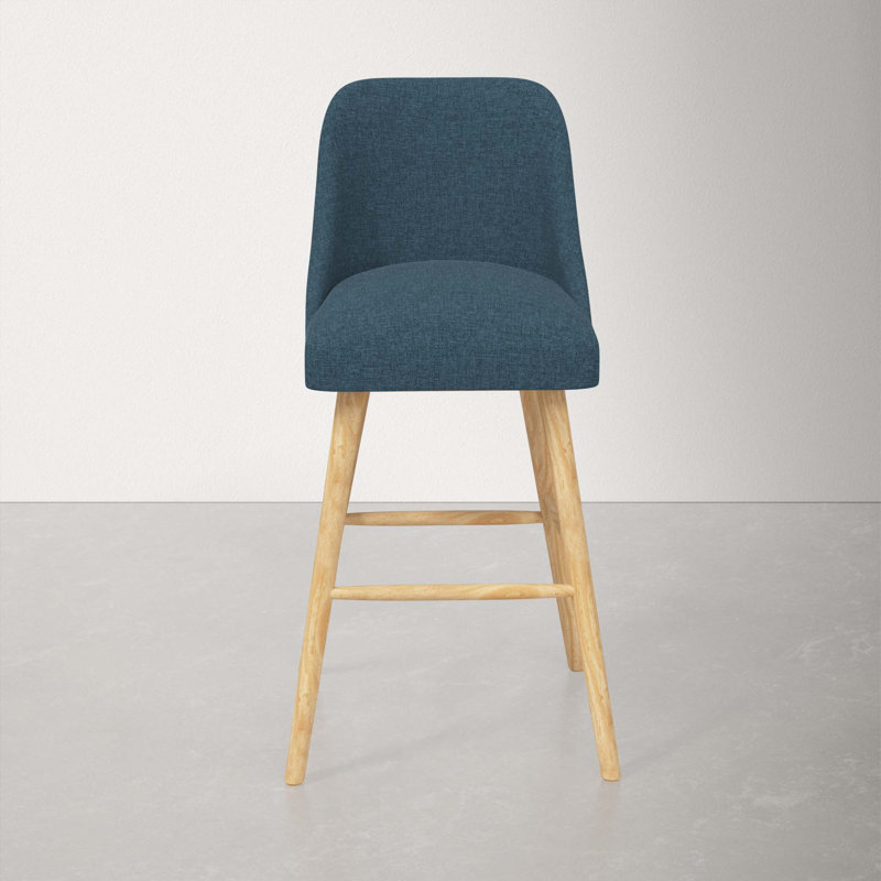 Tabouret Gallie, Tabouret de bar (siège d'une hauteur de 31 po), Bois naturel, Lin texturé bleu marine Zuma