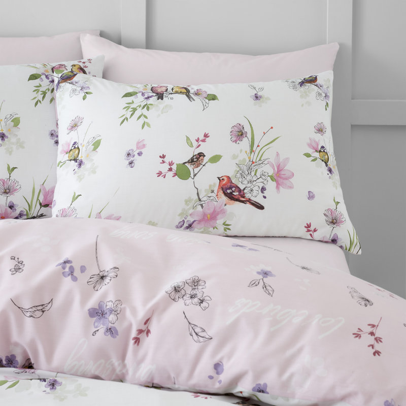 Songbird Floral Reversible Duvet Cover Set with Pillowcases, King Duvet Cover + 2 Standard Pillowcases, Pink