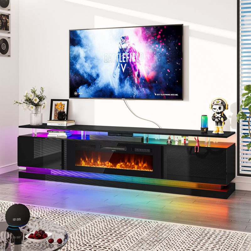 Smart Fireplace Tv Stand For 80/90 Inch Tvs, With Wi-Fi & App Control, Multi-Color Led Lights, Modern Electric Fireplace Tv Console For Living Room