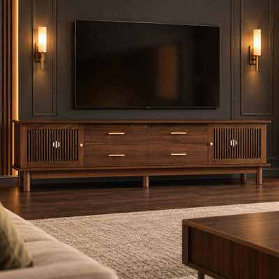 TV Stand for TVs Up to 85 Inches with Slatted Doors, 4 Smooth-Glide Drawers, Wood-Grain Finish Media Console with Cable Management