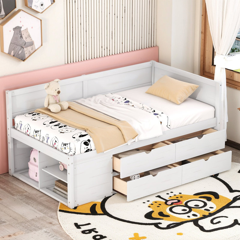 Lit de jour avec tiroirs et tablettes Kisseur, Lit simple, Blanc