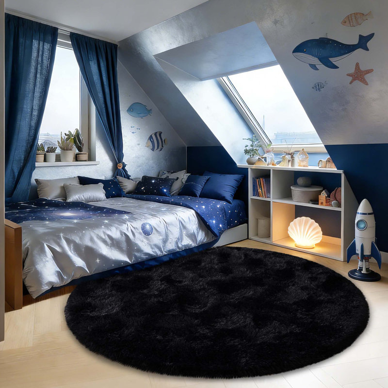 Black Round Shag Rug Non-slip Long-Pile Round Rug 6 ft Silk-Blend Rug Round Shag Rug Perfect for Teen Rooms Suitable for Bedrooms Suitable for Living Rooms Antibacterial Durable Material