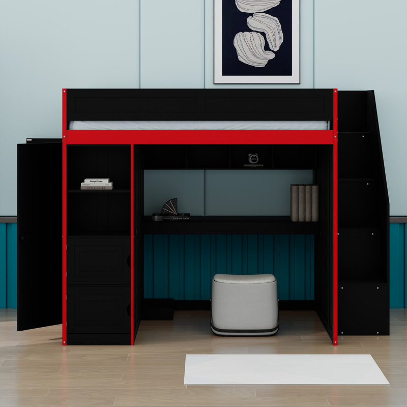 Lit mezzanine avec bureau et rangement, lumières DEL, Lit double
