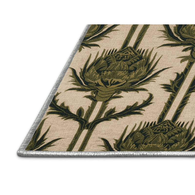 Machine Washable Botanical Beige Area Rug, Rectangle 4' x 6'