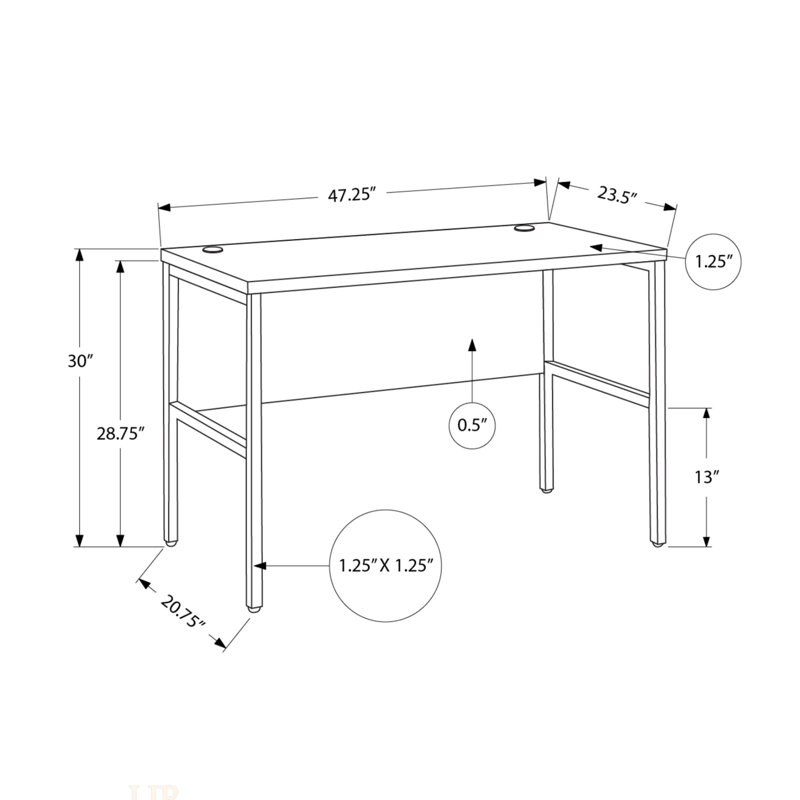 Bureau d'ordinateur contemporain de 48 pouces en stratifié blanc avec pieds en métal argenté, idéal pour la maison et le bureau