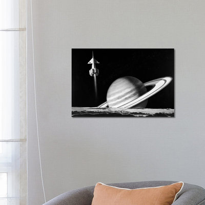 1960s Space Rocket Flying Past Saturn with Surface of Another Planet in Foreground 1 Piece Wrapped Canvas Wall Art