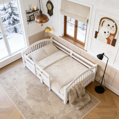 Twin Montessori Floor Bed with Slats and Safety Guardrails,