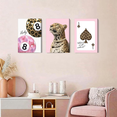3Pcs Pink Leopard Canvas Wall Art Trendy Cheetah Aesthetic Wall Decor Preppy Y2k Dorm Posters Lucky 8 Ball Pictures Spades Poker Prints For Bedroom Apartment 12X16in Ready To Hang