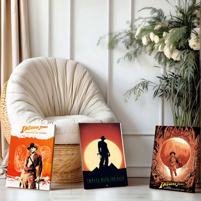 Ensemble de 3 affiches murales encadrées, Indiana Jones et le Temple maudit, reproductions d'affiches de films classiques sur toile (Indiana Jones et le Temple maudit, Les Aventuriers de l'Arche Perdue), thème aventure, décoration pour salon, chambre, bureau ou garage aménagé, style vintage.
