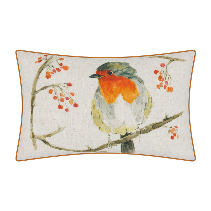 Housse de coussin en lin Birds, Rectangulaire, H 14 po x l 24 po, White/Orange