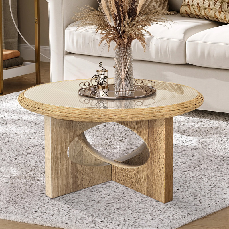 Table basse ronde en rotin avec plateau en verre