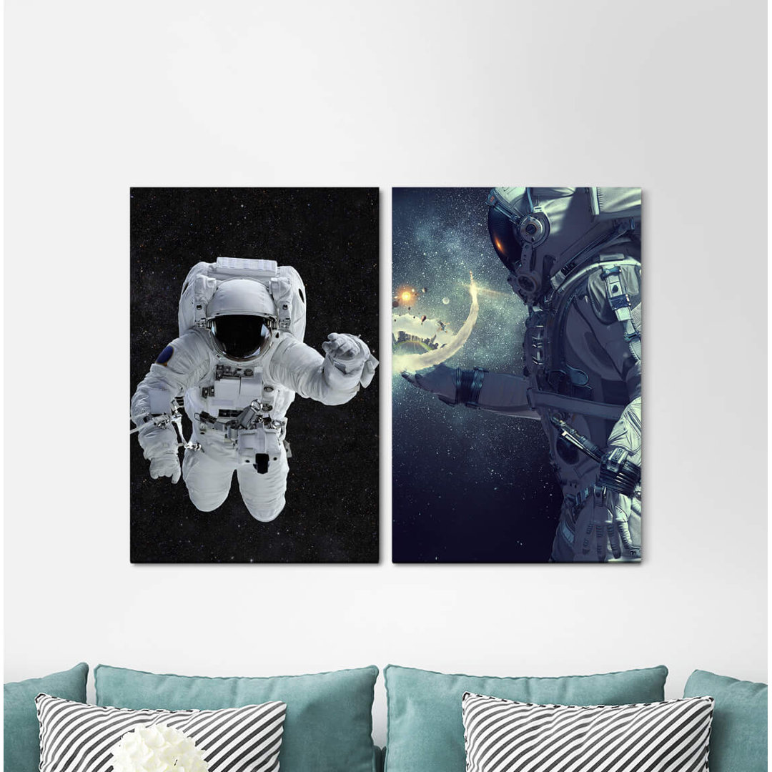 2-tlg. Leinwandbilder-Set - Grafikdruck „Astronaut Space Stars Weightless Galaxy Fantasy”