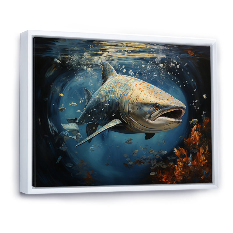 Requin gris, bleu, élégance II - imprimé, H 24 po x l 32 po x P 1 po, Cadre flottant blanc
