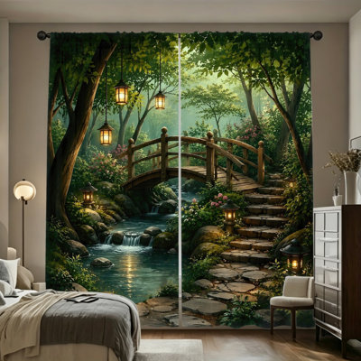2 Pieces Serene Forest Bridge Stream Lanterns Pattern Light Filtering Curtains, Enchanting Nature Scene, Garden Path Decor, Easy Hang Rod Pocket Design, All-Season for Home Living Room, Bedroom and Study Room Decoration