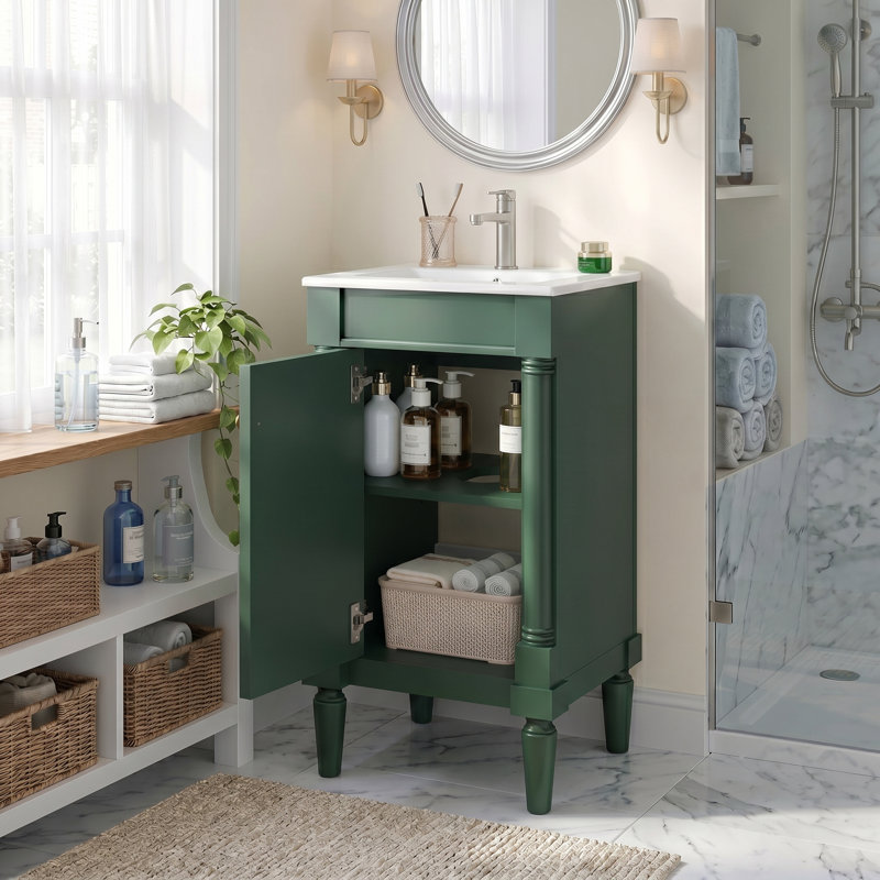 Meuble-lavabo de 18 po de style français avec lavabo en céramique, charnières à fermeture douce et tablette de rangement réglable pour les petites salles de bain