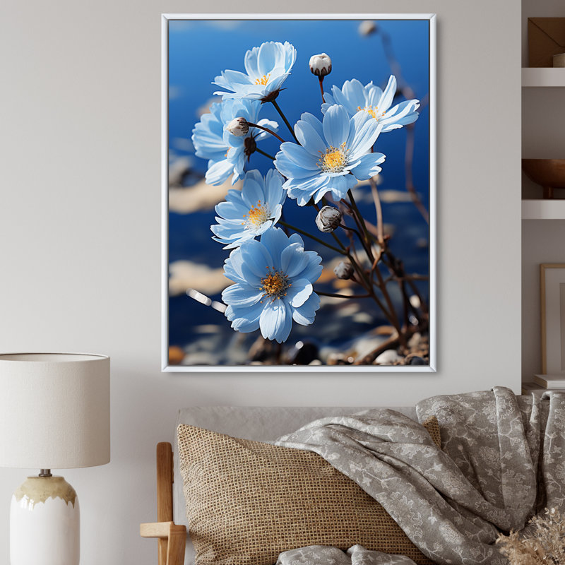 Fleurs, marguerite céleste noire - impression sur toile florale, Cadre flottant blanc, H 32 po x l 16 po x P 1 po