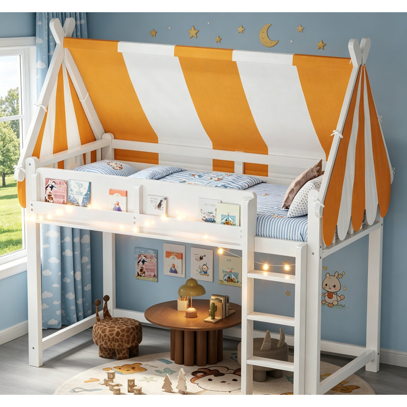 Lit mezzanine simple avec auvent, lumières DEL et bibliothèque, parfait pour les chambres d'enfants et peu encombrant