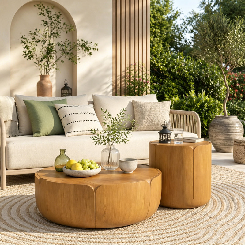 Ensemble de tables basses rondes pour l'extérieur et l'intérieur (2 pièces), L 35,63 po et l 19,69 po, Natural