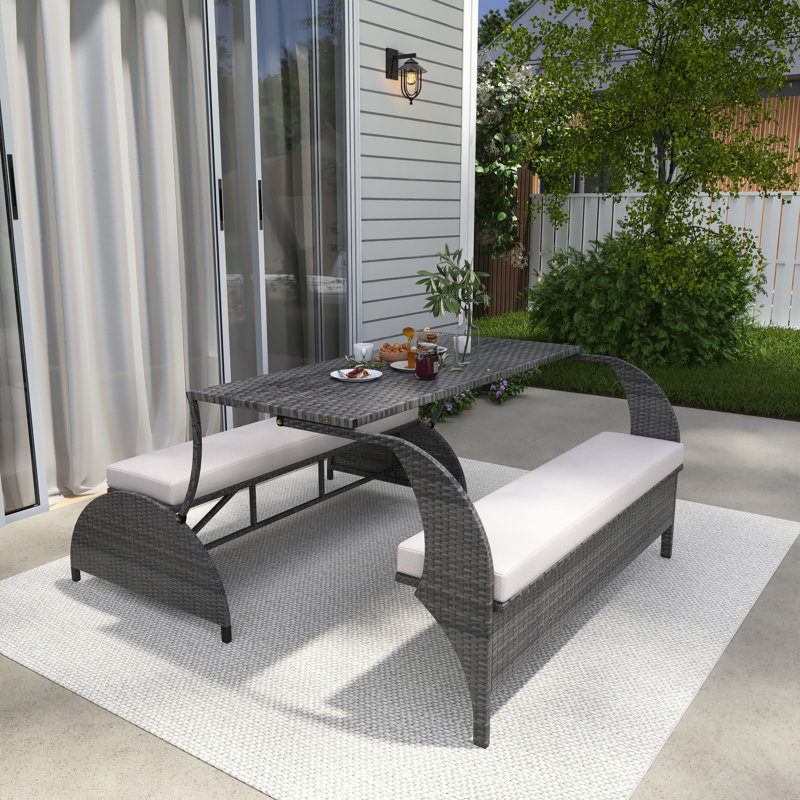 4-Person Versatile Rectangle Wicker Outdoor Patio Dining Set With Cushions, Beige