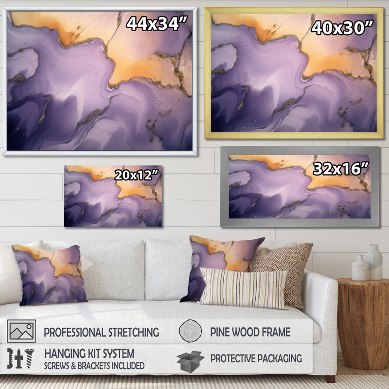 Encre mauve et mauve à l'encre de marbre X, reproduction sur toile, H 34 po x l 44 po x P 1,5 po, Cadre flottant doré