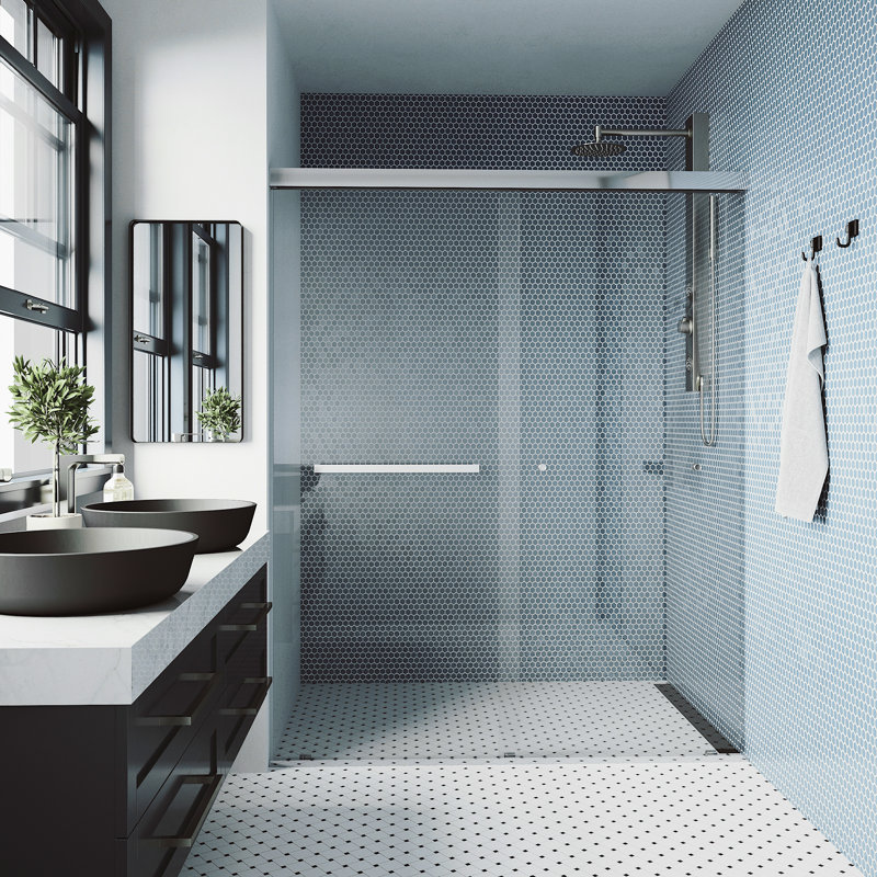 Porte de douche double coulissante en chrome avec verre trempé transparent VIGO Satro E-Class l 52 po à 60 po x H 74 po