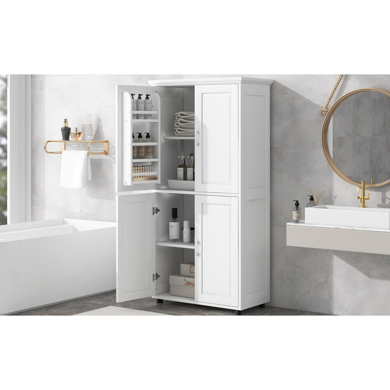 White Bathroom Floor Cabinet With 4 Doors, Adjustable Shelves, Made Of For A Long Time Use Storage Waterproof Long-Term