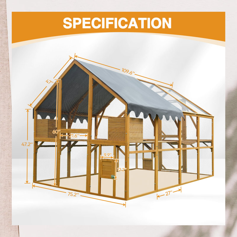 Grand enclos extérieur pour poulailler imperméable de 110 po, housse de mise à niveau pour parc à chat et volaille
