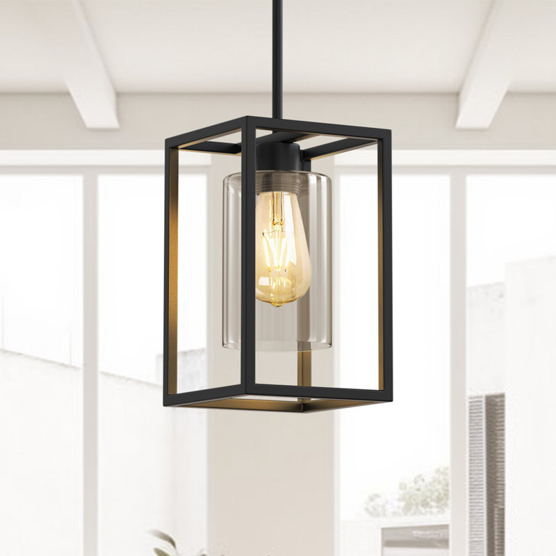 Tyvan Matte Black Single Lantern Pendant with Clear Glass Shade