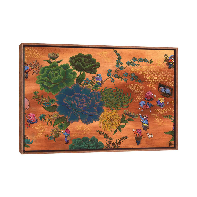 Peony - Bunny 1 Piece Painting on Canvas, 101.6 cm H x 66.04 cm W, Classic Brown Wood Framed