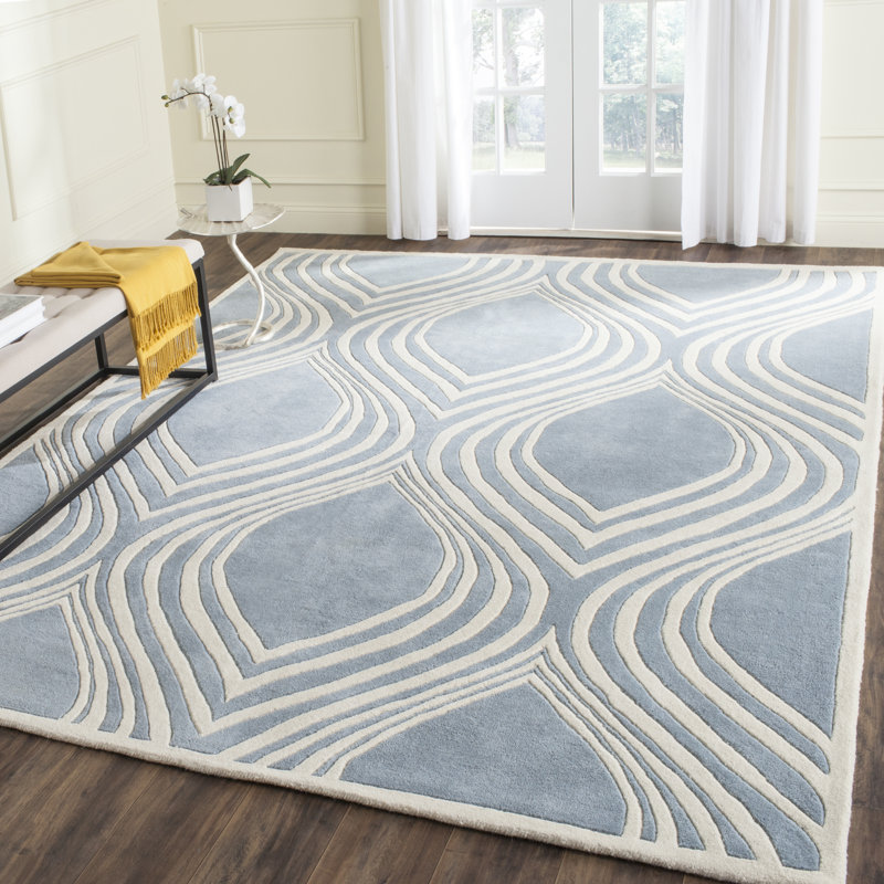 Blue and Ivory Hand-Tufted Wool 4' x 6' Geometric Rug